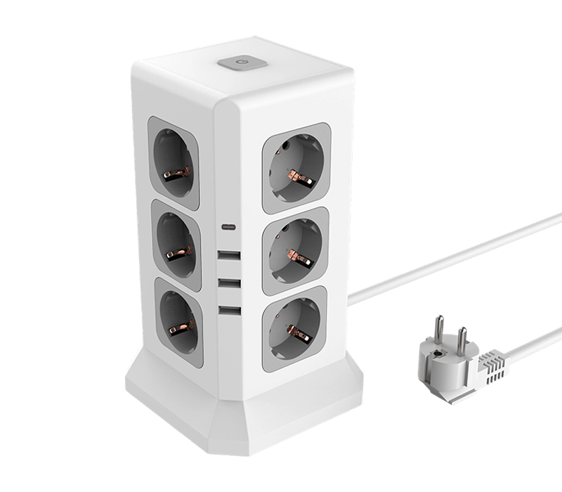 E11 kablet multifunksjonsstrømstrip med 12 uttak i europeisk stil, 3 USB-A-porter og 1 USB-C-port, med bryter