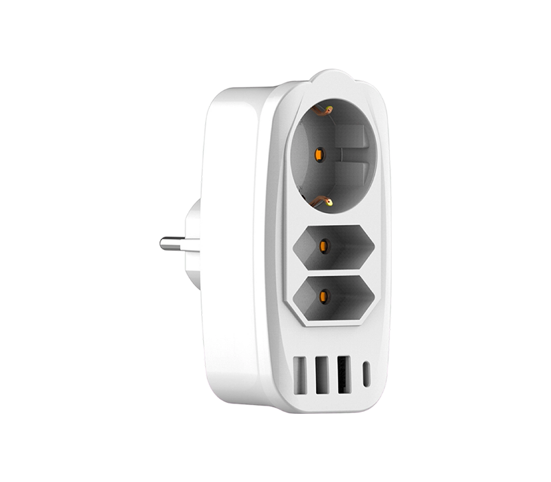 E06 Plug-in multifunksjonsskinne med 2 europeiske Type C-kontakter, 1 Europeisk Type F-kontakt, 3 USB-A-porter og 1 USB-C-port