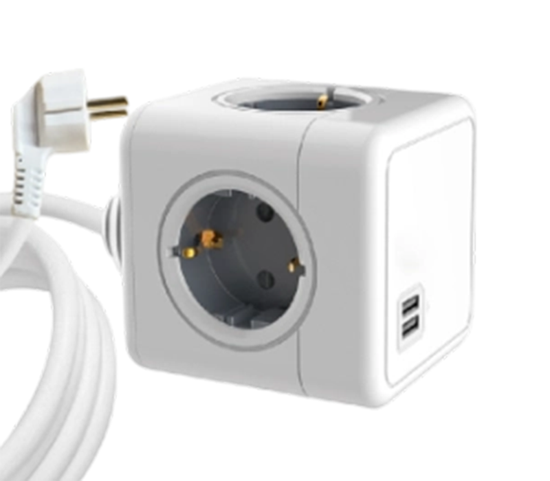 E04A kablet kubestrømstrip med 4 uttak i europeisk stil og 2 USB-A-porter