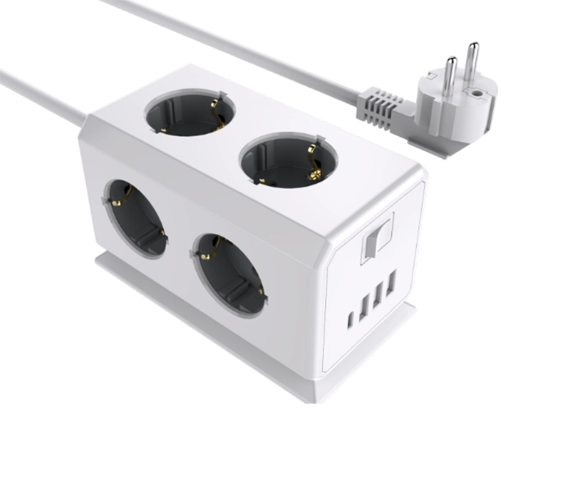 E08 kablet multifunksjonsstrømstrip med 6 uttak i europeisk stil, 3 USB-A-porter og 1 USB-C-port, med bryter