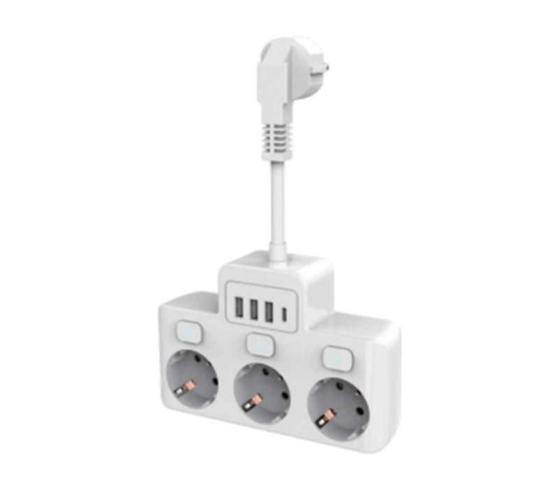 E14 kablet strømskinne med 3 uttak i europeisk stil, 3 USB-A-porter og 1 USB-C-port, med uavhengig bryter