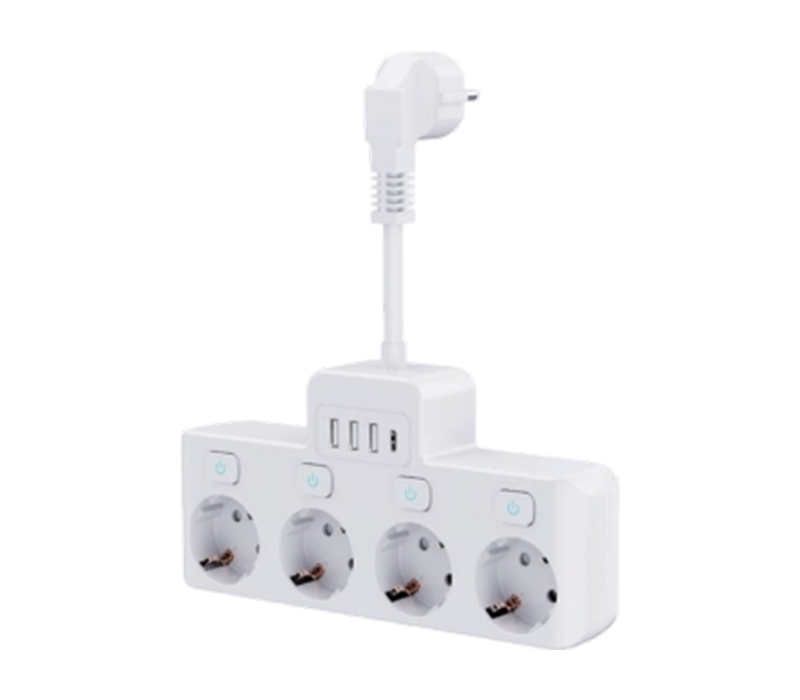 E14-4 kablet strømlist med 4 uttak i europeisk stil, 3 USB-A-porter og 1 USB-C-port, med uavhengig bryter