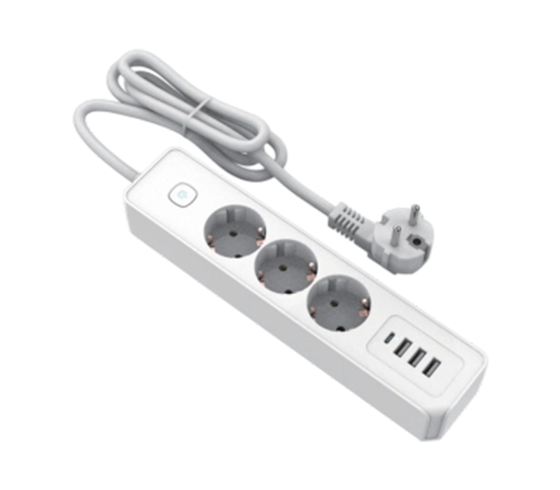 E21-3 Power Strip i europeisk stil med 3 uttak, 3 USB-A-porter og 1 USB-C-port, bryter inkludert
