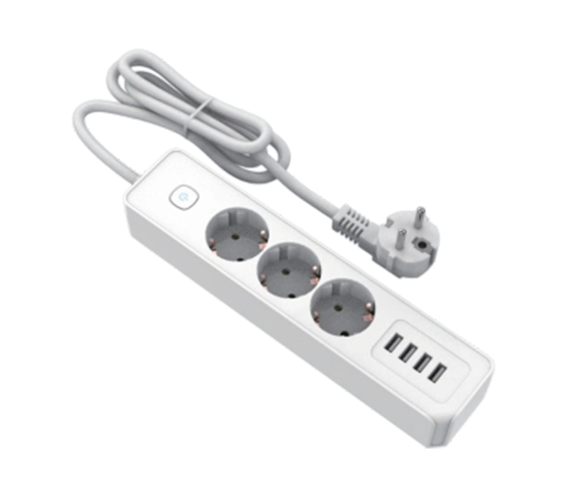 E22-3 Power Strip i europeisk stil med 3 uttak og 4 USB-A-porter, bryter inkludert
