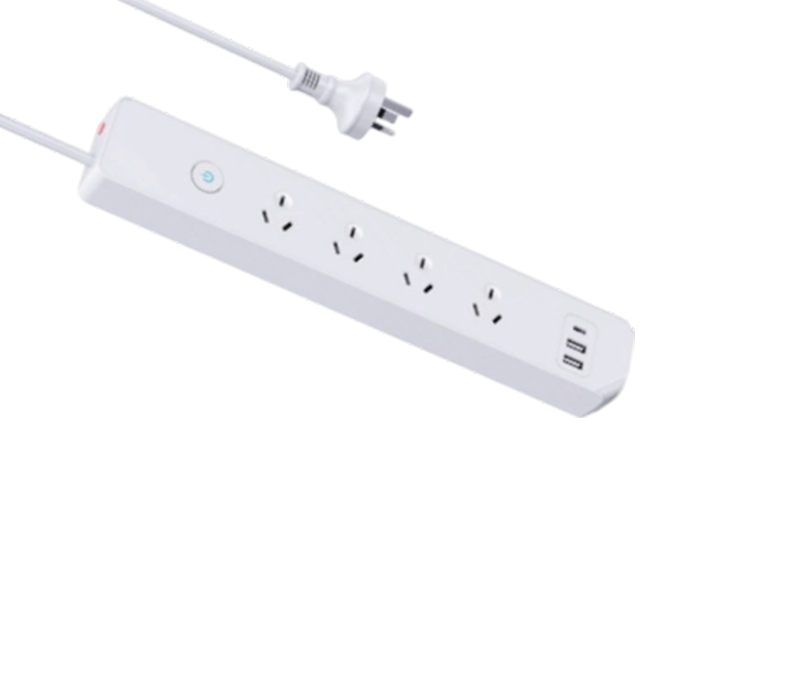 AU05 strømlist i australsk stil med 4 uttak, 2 USB-A-porter og 1 USB-C-port