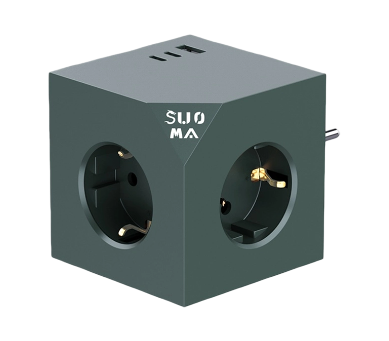 E24 Plug-In Cube Power Strip med 3 uttak i europeisk stil, 1 USB-A-port og 2 USB-C-porter