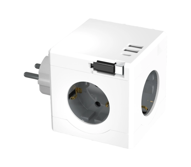E15-D Plug-in Cube Power Strip med 3 uttak i europeisk stil, 2 USB-A-porter og 1 USB-C-port, med en uttrekkbar ladekabel
