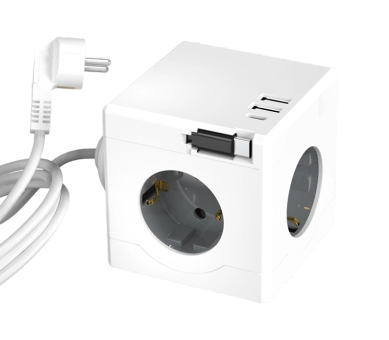 E16-D kablet kubestrømstrip med 3 uttak i europeisk stil, 2 USB-A-porter og 1 USB-C-port, med uttrekkbar ladekabel