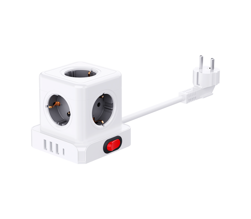 E23 kablet kubestrømstrip med 5 uttak i europeisk stil, 3 USB-A-porter og 1 USB-C-port, med bryter