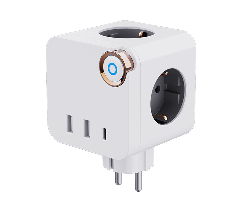 E19 Plug-In Cube Power Strip med 3 uttak i europeisk stil, 2 USB-A-porter og 1 USB-C-port, med bryter